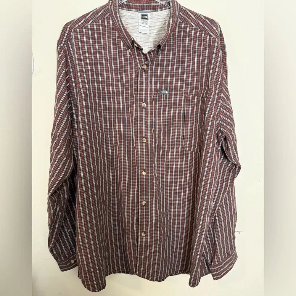 THE NORTH FACE Plaid Shirt Brown Orange L/S Button Front Logo Men's XXL